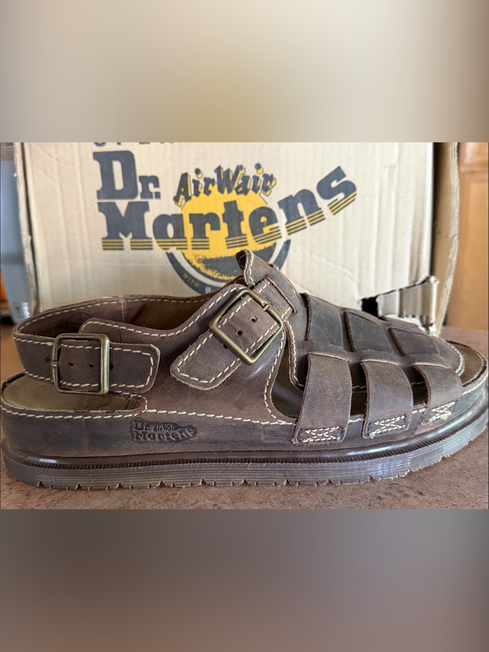 Vintage Doc Martens Brown Leather Gaucho Horse Open Vamp Sandal Made In England